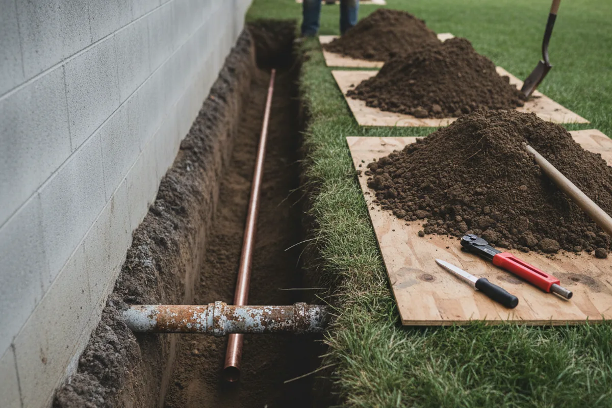 Excavated water line trench during Water Softener Installation in Guttenberg